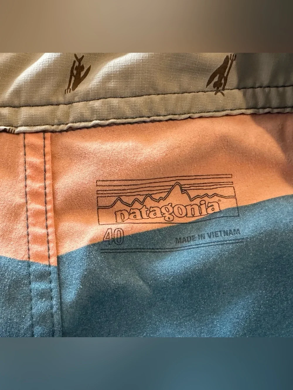 Patagonia Teal, Orange & Navy Striped Board Shorts